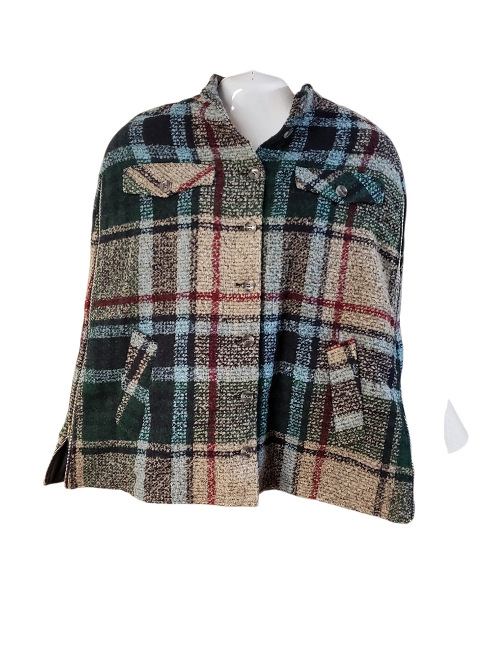 NWT Andersen & Lauth Plaid Bouclé Cape Jacket in Green and Cream Size ALL